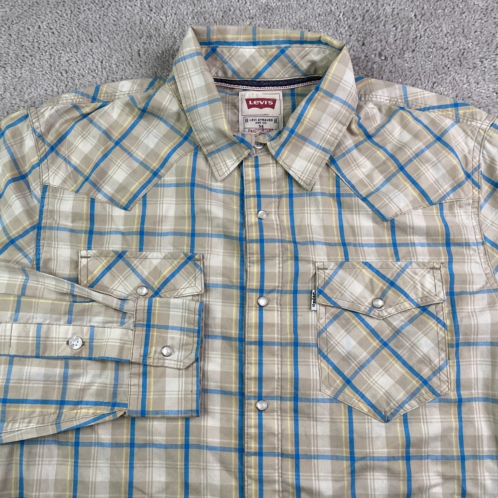 Levis Shirt Mens Medium Tan Blue Plaid Western Pearl Snap Rodeo Cowboy Rancher